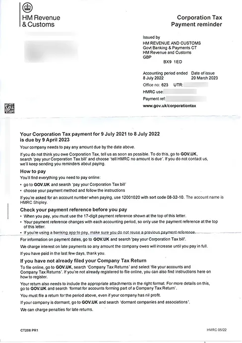 HMRC Corporation Tax Payment Reminder Debitam